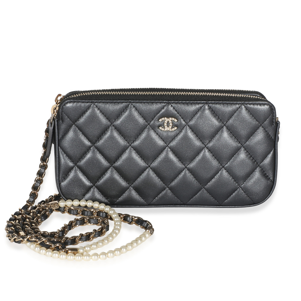 Chanel Metallic Quilted Lambskin Pearl CC Double Zip Phone Holder With Chain